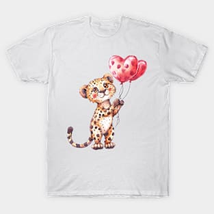 Valentine Cheetah Holding Heart Shaped Balloons T-Shirt